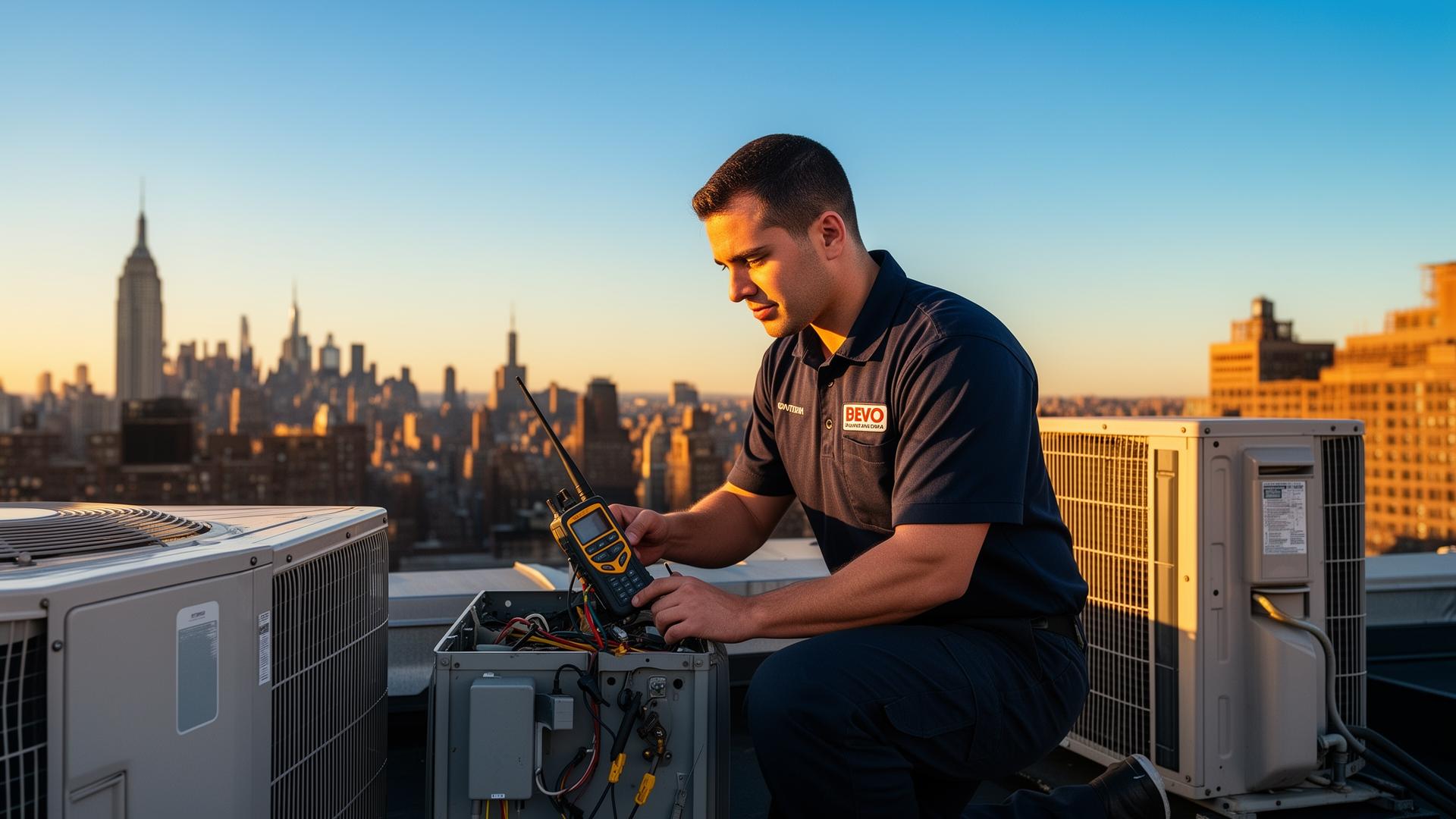 HVAC technician servicing rooftop units in New York