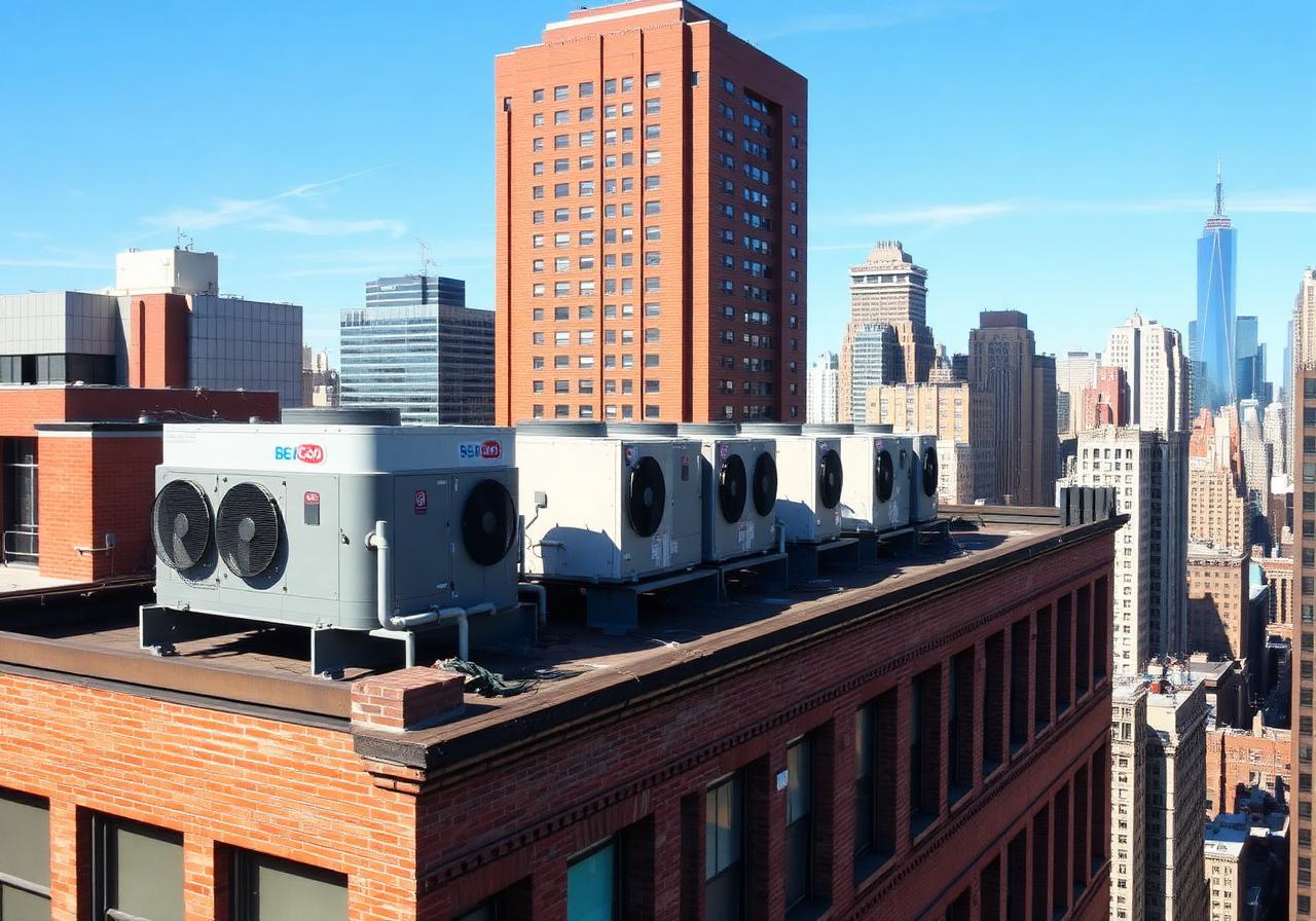 Commercial rooftop HVAC units on a New York City building